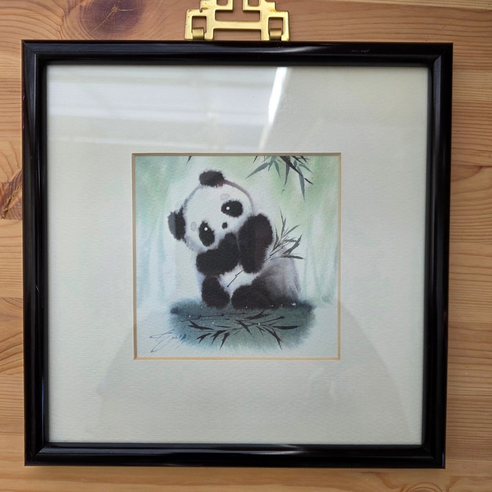 Vintage Set of 3 Framed Panda Prints Chinoiserie Brass Pagoda Hanger 8x8 zoocore - Picture 13 of 16